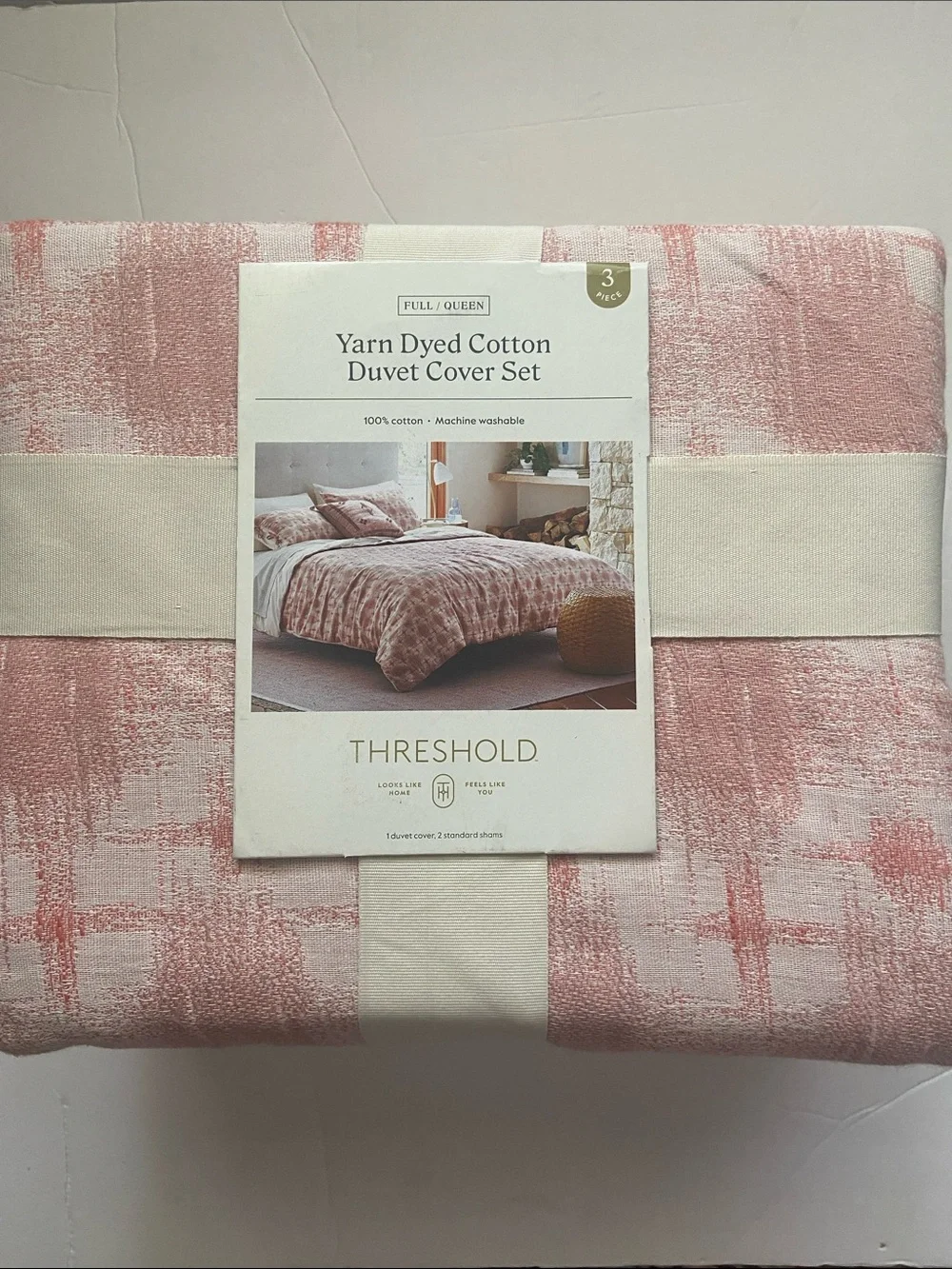 Threshold Yarn-Dyed FuilQueen/Cotton Duvet Cover Set - Blush and Cream NEW
